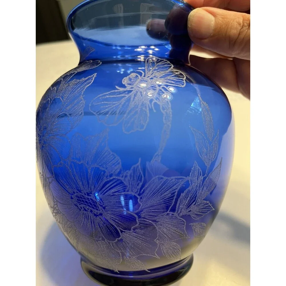 Hand Painted Floral Dragonfly Blue Glass Vase Artist Signed S Conrad